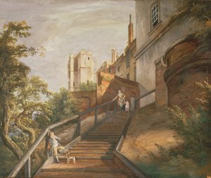 百歩とウィンチェスタータワーの一部、ウィンザー城（革のガッシュ） 作： Paul Sandby