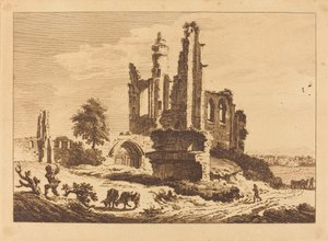 廃墟の修道院、牛と木を切る男 作： Paul Sandby