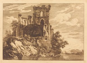 ボートに乗った男と川沿いの廃墟 作： Paul Sandby