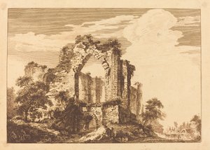 座っている男と遠くに屋根付きのワゴンがある廃墟 作： Paul Sandby