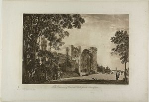 下院から見たワーウィック城の入り口、プレート 2 作： Paul Sandby