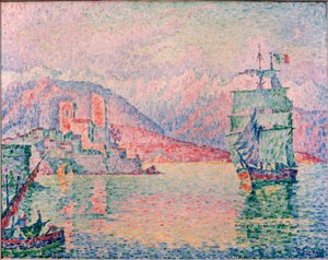 夕日に照らされたアンティーブの港 作： Paul Signac