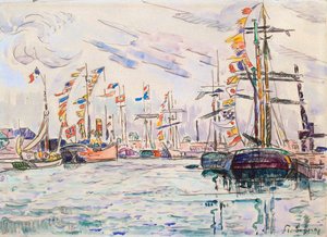 1920年代のサンマロの桟橋でホリデーフラグとヨット。 作： Paul Signac