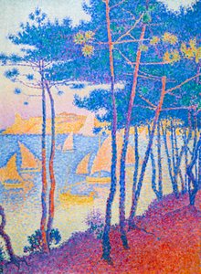 帆船と松の木、c。 1896年（キャンバスに油彩） 作： Paul Signac
