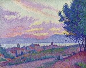 サントロペの眺め、松林に沈む夕日、1896年。 作： Paul Signac