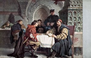 1522年3月、ドイツ、イェーナのガストホフデアバレンで学生と話しているマーティンルター 作： Friedrich Paul Thumann