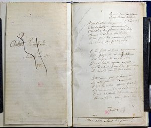 「ロマンスサンパロレス」からの手書きのページ、1873年のアーサーランボーへの献身に取り消し線を引いたもの 作： Paul Verlaine