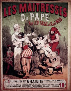 レオ・タクスィル（1854-1907）とカール・ミロによる『教皇の女官たち』のポスター（1884年の反教書）。柱の上で拷問を受ける女性が描かれており、死刑執行人が彼女の胸に穴を開けています。ホーデのイラスト、20世紀個人蔵
