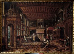 フランドルのインテリア。パウルス・フレッドマン・デ・フリース（1567-1630）の絵画 作： Paul Vredeman de Vries