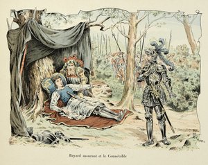 テオドール・カフ著、ポール・デ・セマン（1855-1915）画の「バイヤール騎士団の歴史」からの引用です。瀕死のバイヤールと1524年のブルボン公爵夫人 作： Paul de Semant