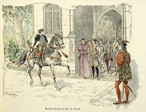 テオドール・カフ著、ポール・デ・セマン（1855-1915）画の「バイヤール騎士団の歴史」からの引用。1486年、サヴォイ公の前に立つ11歳のバイヤール 作： Paul de Semant