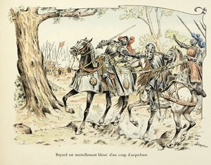 テオドール・カフ著、ポール・デ・セマン（1855-1915）画の「バイヤールの歴史」からの引用です。1524年、アルケブセで瀕死の重傷を負ったバイヤール 作： Paul de Semant