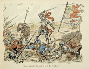 テオドール・カフ著、ポール・デ・セマン（1855-1915）画の「バイヤードの騎士譜」からの引用。1504年、ガリリャーノの橋だけを守るバイヤール 作： Paul de Semant