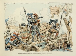 テオドール・カフ著、ポール・デ・セマン（1855-1915）画の「バイヤードの歴史」からの引用です。1512年、ランズクネットに支えられてブレシアを負傷するバイヤール 作： Paul de Semant
