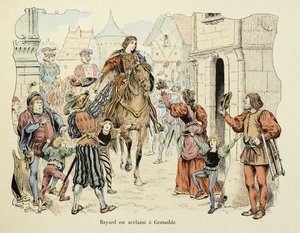 テオドール・カフ著、ポール・デ・セマン（1855-1915）画の「バイヤール騎士団の歴史」からの引用です。グルノーブルで即位したバイヤール 作： Paul de Semant
