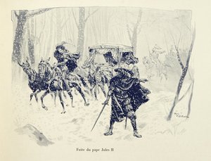 イラストはテオドール・カフ著、ポール・デ・セマン（1855-1915）画の「Histoire du chevalier Bayard」より引用。教皇ユリウス2世の飛行 作： Paul de Semant