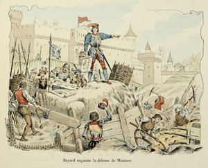 テオドール・カフ著、ポール・デ・セマン（1855-1915）画の「バイヤールの歴史」からの引用。1521年、メジエールの防衛を指揮するバイヤール 作： Paul de Semant