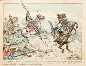 セオドア・カフ著、ポール・デ・セマン（1855-1915）絵による「ジョーン・オブ・アーク」からの引用：1429年6月12日 ジョーン・オブ・アークの前に行われたジャルジョーの戦いで、ルード公がボールによって殺害される。 作： Paul de Semant