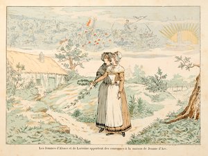 セオドア・カフ著、ポール・デ・セマン（1855-1915）絵の『ジョアン・オブ・アルク』から引用したイラスト。アルザスとロレーヌの女性たちがジョアン・アークの家に王冠を持っていくという、ジョアン・アークを偲ぶアレゴリー。 作： Paul de Semant