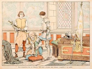 テオドール・カフ著、ポール・デ・セマン（1855-1915）絵の「ジャンヌ・オブ・アルク」からの引用。シャルル7世の甲冑師がジャンヌに完全な甲冑を作らせる