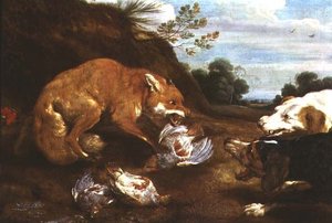 キツネと猟犬がパトリッドをめぐって争う様子 作： Paul De Vos