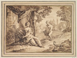 プットと一緒に柱の下に座っている女性 作： Paul van Somer