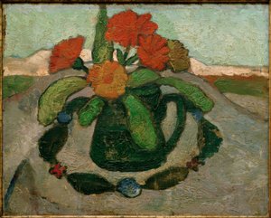 風景の前にマリーゴールドのある静物 作： Paula Modersohn Becker