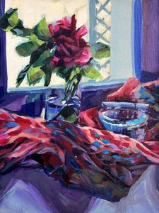 鮮やかなバラの窓辺の静物画 作： Pauline Wegman | Key and Sea Creative