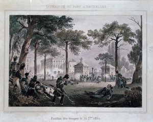 1830年9月25日、ブリュッセルの王立公園の軍隊、Dewasme-Pletinckxの彫刻（カラーリトグラフ）。