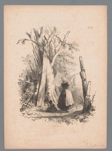 洗濯物を干している女性のいる風景 Paulus LautersによるLandscape Studies (シリーズタイトル) Nouvelle suite de 40 études de paysages par P. Lauters (シリーズタイトル) 作： Paulus Lauters (attributed to)