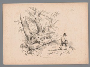 木のある風景と杖とバスケットを持つ男 Paulus LautersによるLandscape Studies (シリーズタイトル) Nouvelle suite de 40 études de paysages par P. Lauters (シリーズタイトル) 作： Paulus Lauters