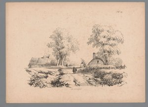 道路に 2 つの家と 2 人の人物がいる風景 Paulus LautersによるLandscape Studies (シリーズタイトル) Nouvelle suite de 40 études de paysages par P. Lauters (シリーズタイトル)