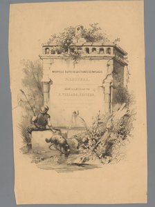 噴水の端に座っている犬を持つ男 Paulus LautersによるLandscape Studies (シリーズタイトル) Nouvelle suite de 40 études de paysages par P. Lauters (オブジェクトのシリーズ タイトル) 作： Paulus Lauters