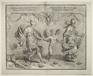2人の寓話的な女性とのキューピッドダンス、1612年。 作： Paulus Moreelse