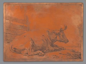 フェンスのそばに横たわる牛 作： Paulus Potter