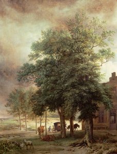 木々の向こうに馬車または家のある風景 作： Paulus Potter