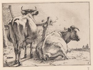 後ろから見た2頭の牛（様々な牛と牛より 作： Paulus Potter