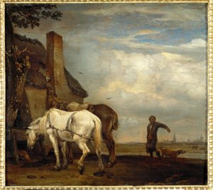 農家の小屋の前で2頭の馬。 作： Paulus Potter