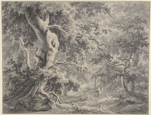小屋の近くに 2 人の人物がいる森の景色 作： Paulus van Liender