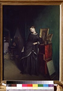 「若い未亡人」彼女の後ろには、亡くなった夫の肖像画。 Pavel Andreevich Fedotov (1815-1852) の絵画 1850年頃 国立トレチャコフ美術館、モスクワ 作： Pavel Andreevich Fedotov