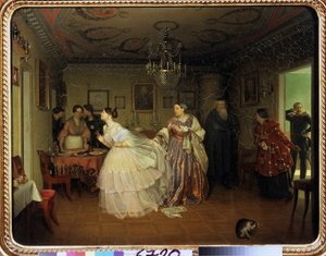 少佐の婚約（少佐の婚約）。 居間、装飾、食器類、19 世紀の家具の描写、年配の女性が少佐の到着を告げ、花嫁は白いレースのハンカチを落とし、喜んで背を向け、 作： Pavel Andreevich Fedotov