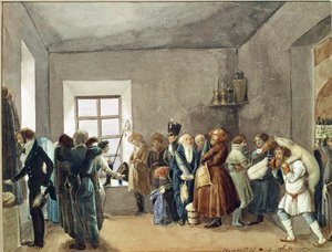 休日前夜の警察署長の応接室。 Pavel Andreyevich Fedotov (1815-1852) の作品、水彩、インク、鉛筆、紙 作： Pavel Andreevich Fedotov