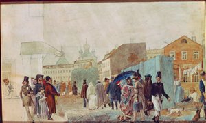 モスクワの雨の中のストリート シーン。 Pavel Andreyevich Fedotov (1815-1852) の作品、紙に水彩 作： Pavel Andreevich Fedotov
