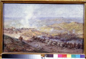 ロシア トルコ戦争 (1876-1878) からのシーン (ロシア トルコ戦争のシーン)。 1877年のプレヴェン（またはブルガリアのプレヴナ）の包囲中に、ロシア軍とオスマン帝国の兵士が衝突したバルカン半島の戦場。 作： Pavel Osipovich Kovalevsky
