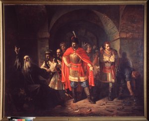 モスクワ総主教ヘルモゲネス (1530-1612 年以前) はポーランド人を祝福することを拒否 (総主教ヘルモゲネス (ジェルモーゲン) はポーランド人を祝福することを拒否) - パベル・ペトロヴィッチ・チスチャコフ (チスチャコフ) による絵画 (1832-1919)、キャンバスに油彩 作： Pavel Petrovich Chistyakov