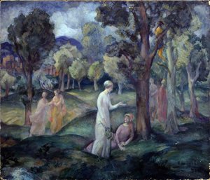 畑を散歩。 （野原を歩く）。 レジャー シーン、丘の木々 の間の若い女性。 Pavel Semyonovich Naumov (1884-1942) の作品、厚紙に油彩 作： Pavel Semenovich Naumov