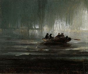 手漕ぎボートに乗った4人の男性の上にオーロラ 作： ピーター・バルケ