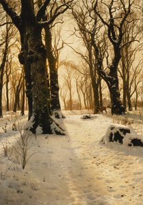 鹿のいる樹木が茂った冬の風景 作： Peder Monsted