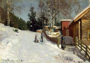雪に覆われた村の通りで遊んでいる子供たち 作： Peder Monsted