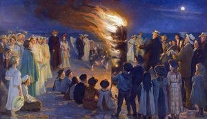 スカーゲンの浜辺での夏至祭の焚き火 , by Kroyer, Peder Severin (1851-1909).油彩・キャンバスサイズ：149,5x257cmスカーゲンミュージアム 作： Peder Severin Krøyer